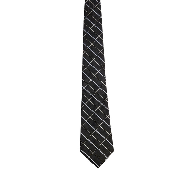 AXIST Essentials Black Gray White Grid Pattern Silk Necktie Business Classic - Picture 1 of 6